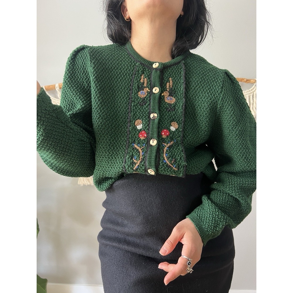 Austrian Vintage Puff Sleeve Mushroom Embroidered Green Wool Cardigan Sweater M